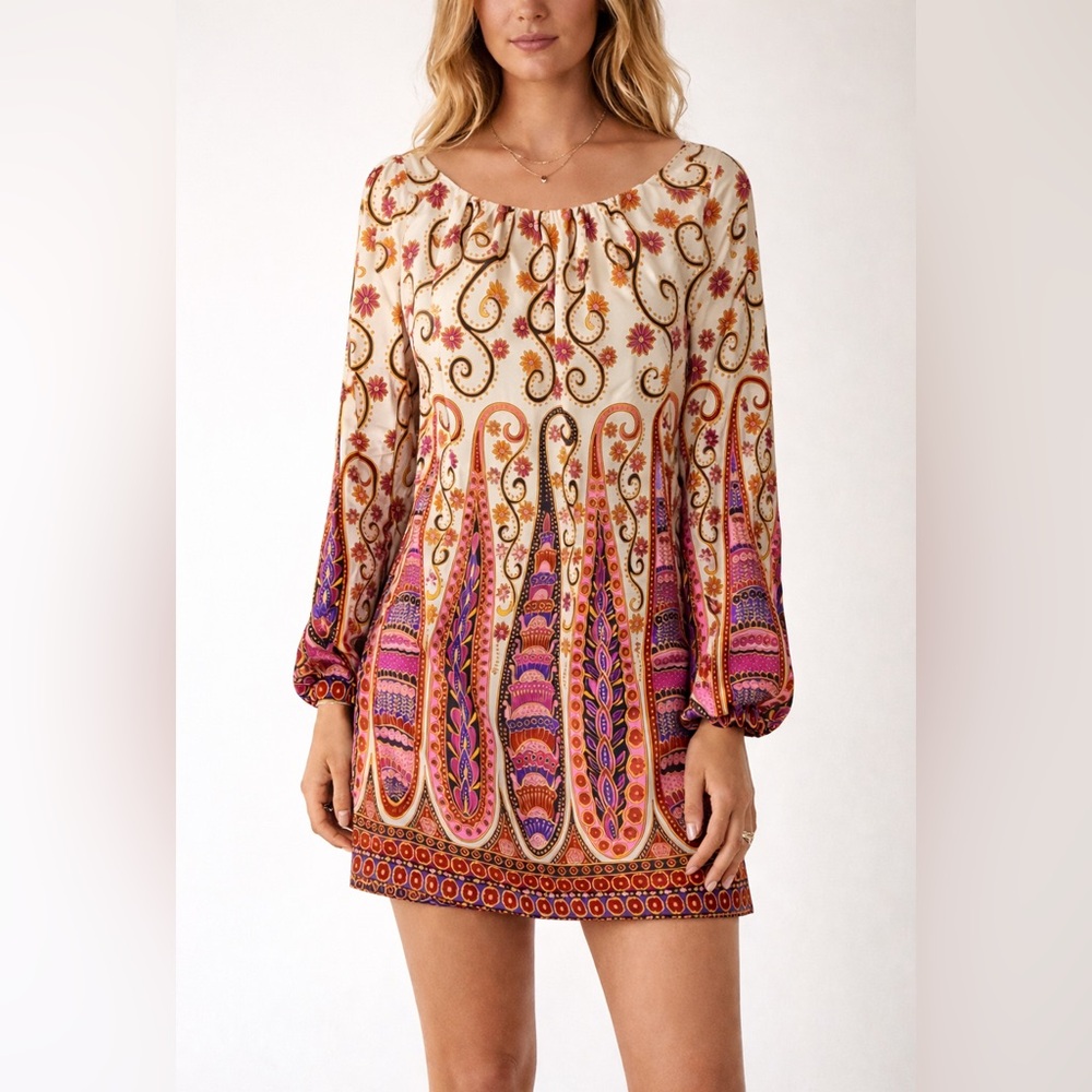 Milly Paisley Floral Silk Boho Long Puff Sleeve Low Back Y2K Mini Dress 4
